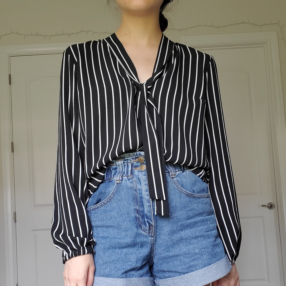 Striped Blouse with Neck Tie